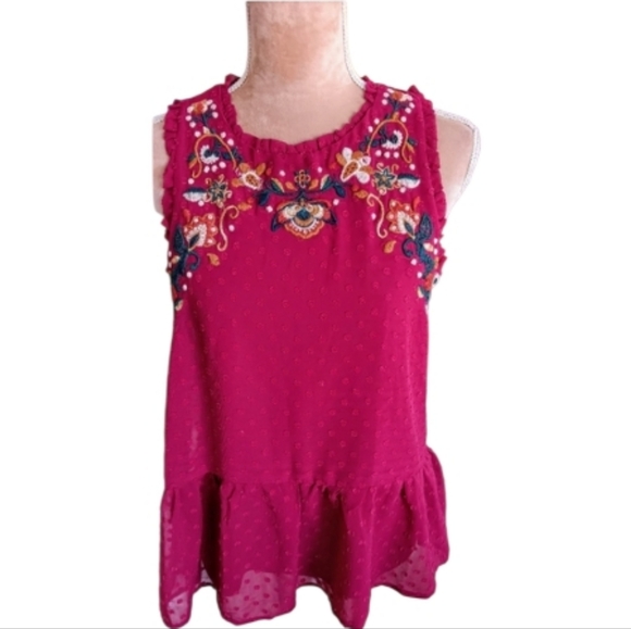 love on a hanger Tops - Love On A Hanger ~ Pink Embroidered Swiss Dot Ruffle Peplum Tank Top | M